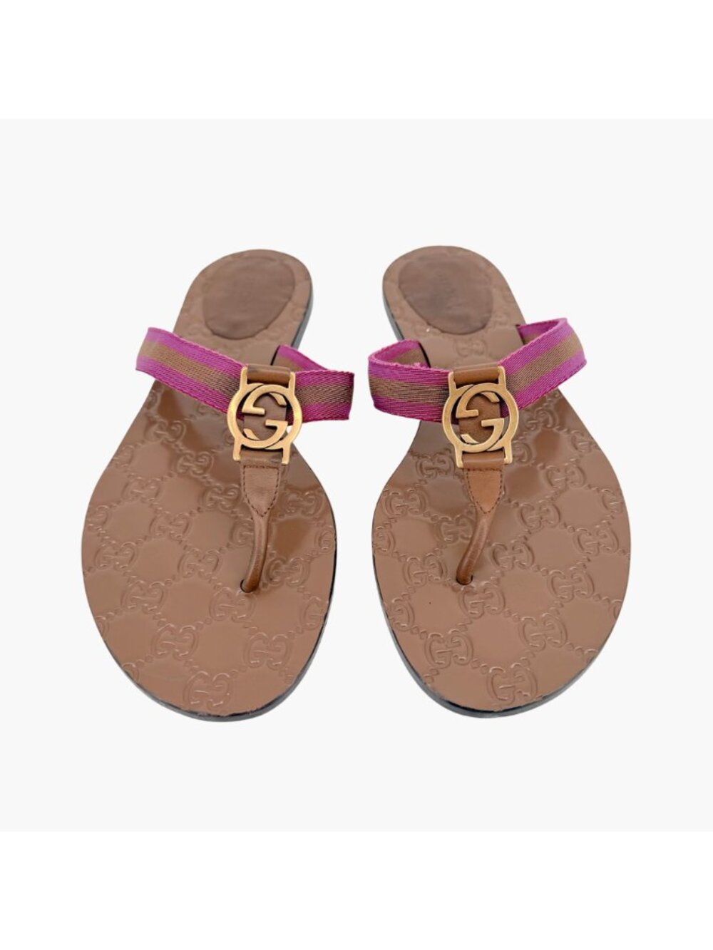 Gucci GG Web Stripe Thong Sandals Flat Brown Purple Size 38.5 US 8.5 Women’s - Picture 2 of 15